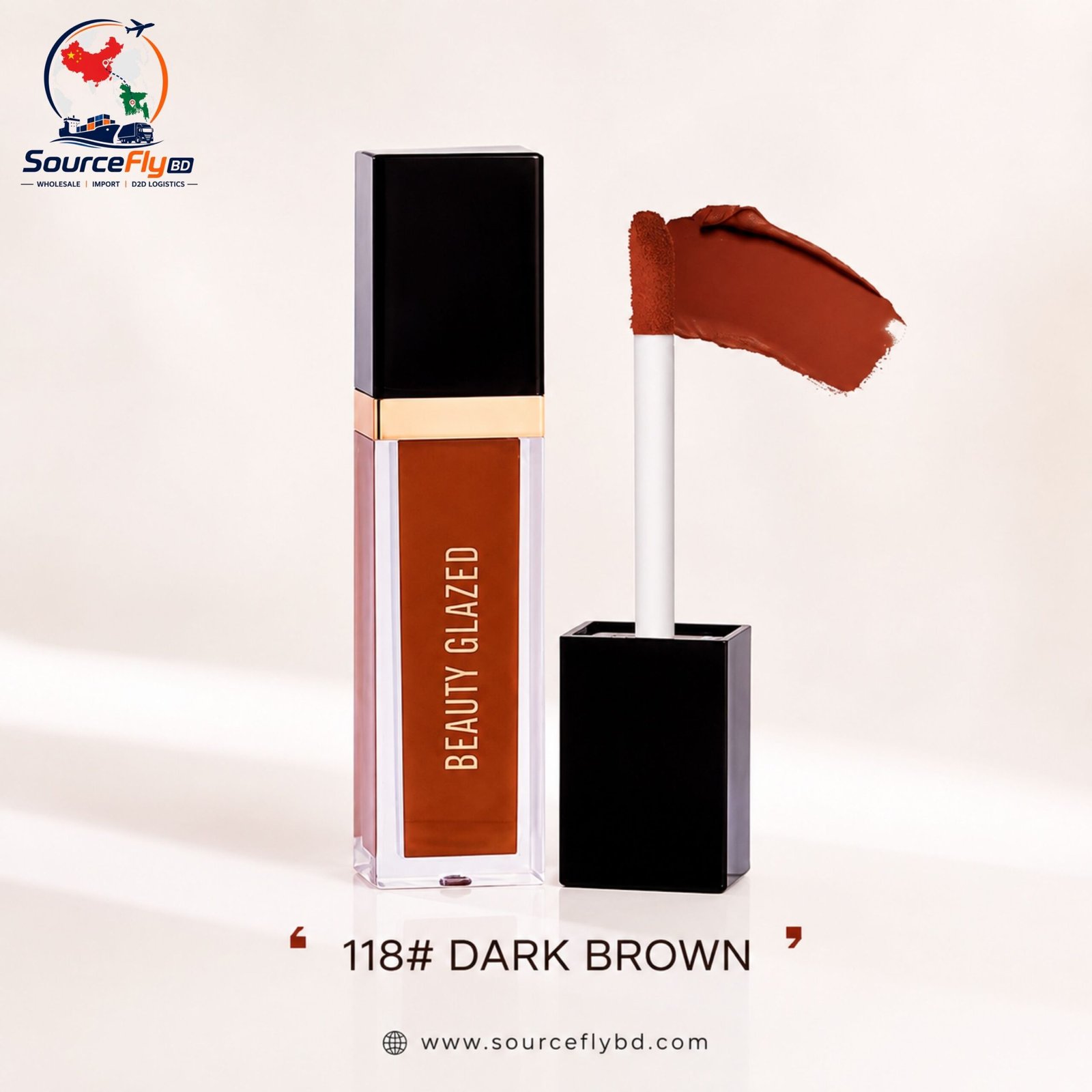 Beauty Glazed Liquid Lipstick 118 Dark Brown with SourceFly BD logo and website