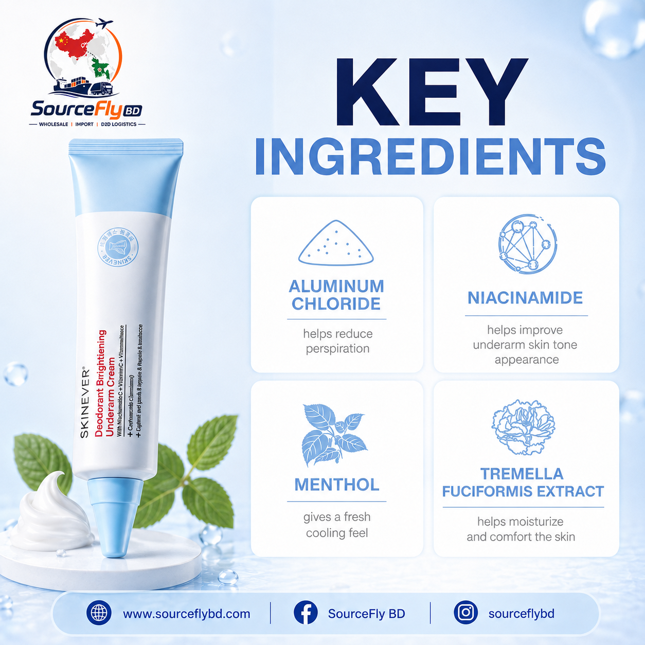 SKINEVER underarm cream with niacinamide aluminum chloride menthol and tremella extract